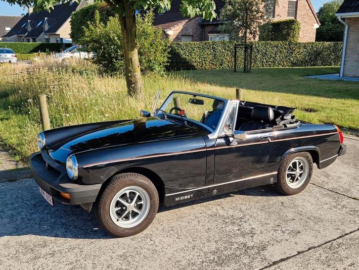 MG Midget 1500, Auto's, Oldtimers, Particulier, MG, Benzine, Cabriolet, 2 deurs, Handgeschakeld, Zwart, Zwart, Kunstmatig leder