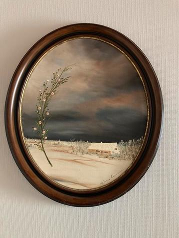 Schilderij Magda Verschaeve 1988 - wintertafereel met bloem beschikbaar voor biedingen