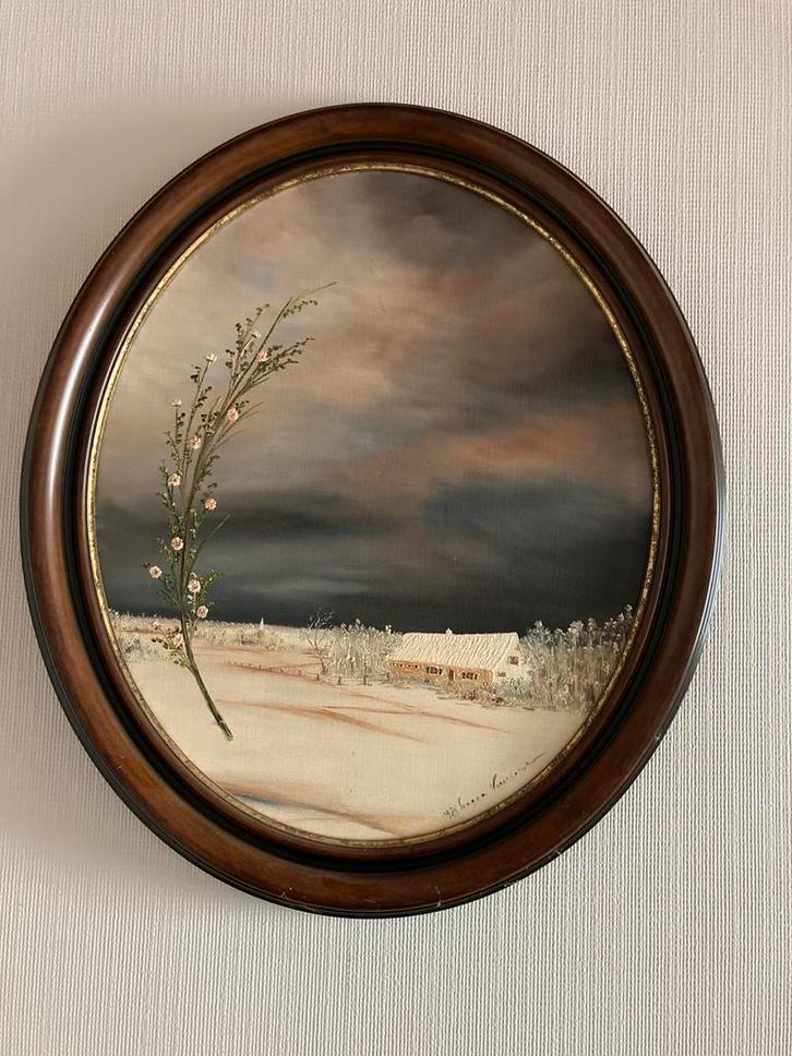Schilderij Magda Verschaeve 1988 - wintertafereel met bloem, Antiek en Kunst, Kunst | Schilderijen | Klassiek, Ophalen