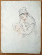 A493-55 Oude tekening Portret vrouw met hoed met sluier, Antiek en Kunst, Ophalen of Verzenden