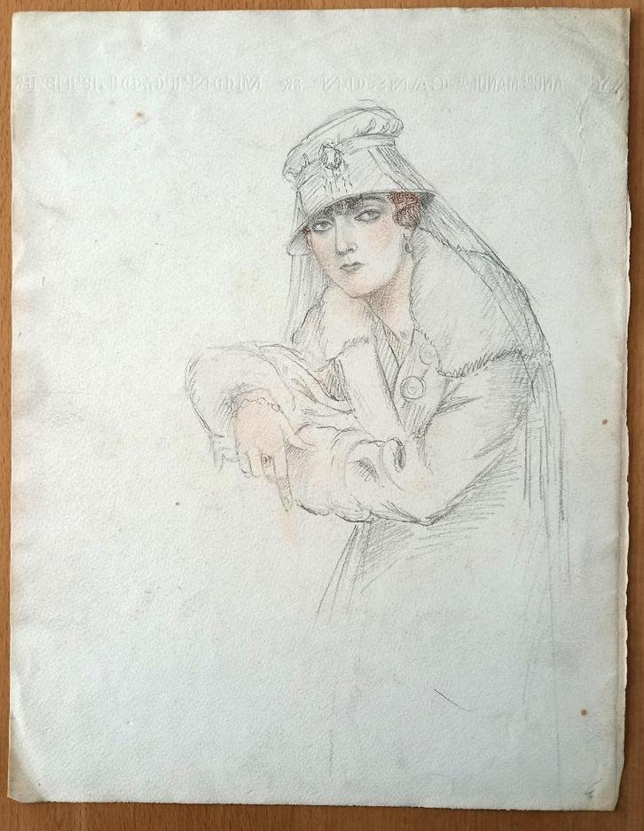 A493-55 Oude tekening Portret vrouw met hoed met sluier, Antiek en Kunst, Kunst | Tekeningen en Fotografie, Ophalen of Verzenden