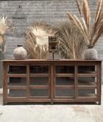 Antiek houten dressoir met oud gebobbeld glas lengte 233 cm, Antiek, Met deur(en), Glas, Ophalen of Verzenden
