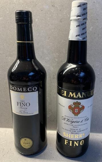 2 oude flessen Sherry : Domecq Dry Fino en Rei Manuel Fino beschikbaar voor biedingen
