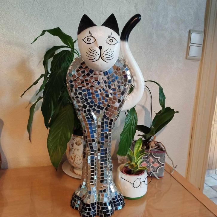 2 chats en bois et plâtre, avec strass, Antiek en Kunst, Kunst | Beelden en Houtsnijwerken, Ophalen