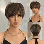 Pruik pixie haarstijl kort lichtbruin haar met highlights, Verzenden, Nieuw, Pruik of Haarverlenging