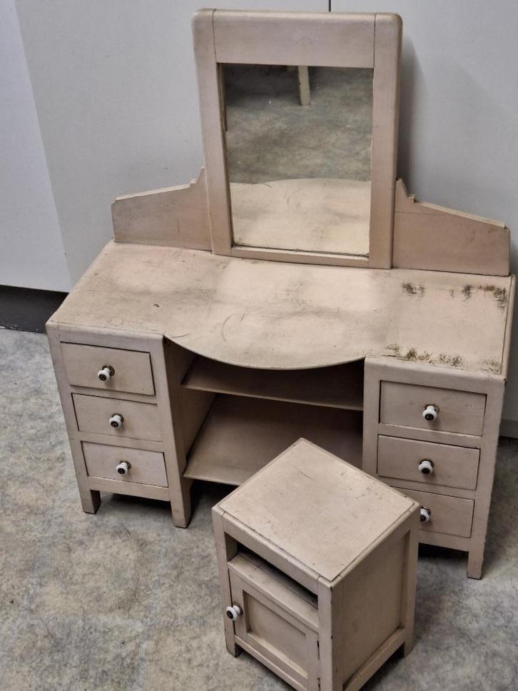 oud beige houten kaptafel met nachtkastje, jaren 30, Antiek en Kunst, Curiosa en Brocante, Ophalen of Verzenden