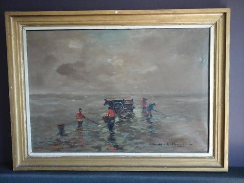 MOOI GROOT SCHILDERIJ VAN H J PAUWELS "DE SCHELPEN VISSERS", Antiek en Kunst, Kunst | Schilderijen | Klassiek, Ophalen