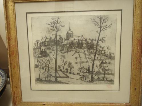 Jehan FRISON 1933 Le Village de Linkebeek eauforte ets signé, Antiek en Kunst, Kunst | Etsen en Gravures, Ophalen