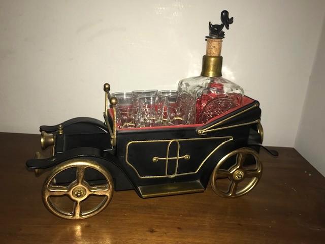 Oldtimer minibar muziekdoos met 6 glaasjes en karaf, Antiek en Kunst, Antiek | Overige Antiek, Ophalen of Verzenden