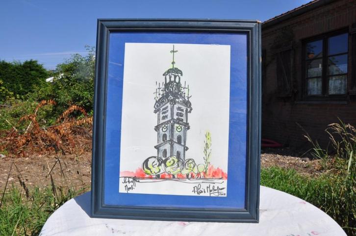§  dessin beffroi de mons feutre et aquarelle, Antiquités & Art, Art | Dessins & Photographie, Enlèvement ou Envoi