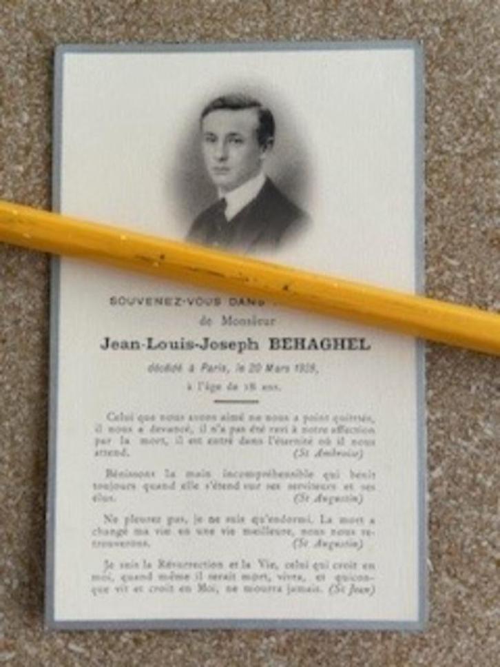 GEZIN/ADEL BAILLEUL/BELLE FR LOUIS EN 18JARIGE ZOON BEHAGHEL, Verzamelen, Bidprentjes en Rouwkaarten, Bidprentje, Ophalen of Verzenden