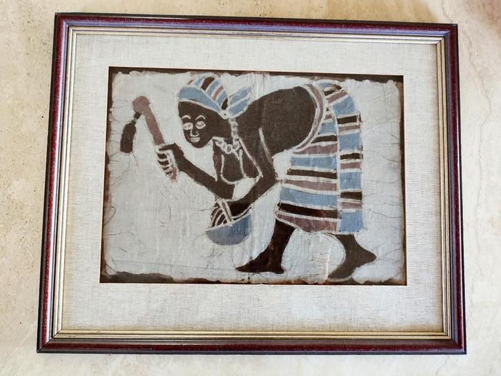 Batik kunstwerk Burkina Faso. Professionneel ingekaderd, Antiek en Kunst, Kunst | Niet-Westerse kunst, Ophalen of Verzenden