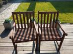 2 zware dure tuinstoelen in teak, rugleuning gebarsten, Tuin en Terras, Tuinstoelen, Ophalen, Gebruikt, Teakhout
