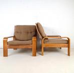 2x vintage fauteuil Deens design hout/stof mid century, Antiek en Kunst, Antiek | Meubels | Stoelen en Sofa's, Ophalen