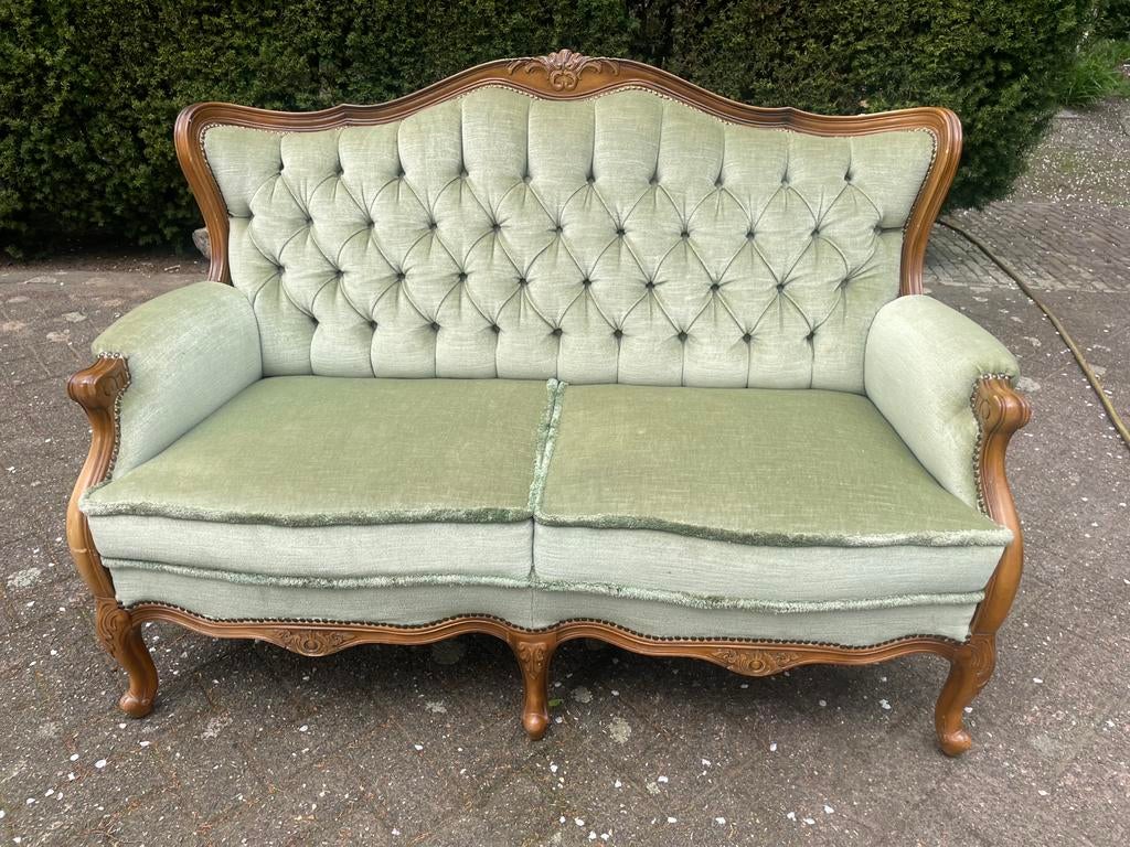 Zetel barok groen mohair velours vintage queen ann notenhout, Ophalen