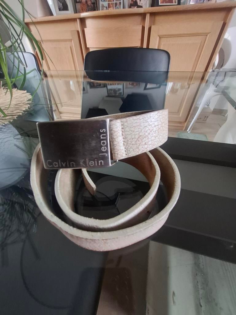 Calvin Klein 85 beige leren riem van 90 cm, 3 tot 5 cm, Echt leder, Heupriem, Gedragen
