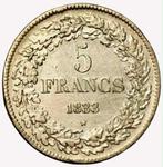 Munt zilver België 5 FR Leop I gelauwerd 1833 pos B, Zilver, Ophalen of Verzenden, Losse munt, Zilver