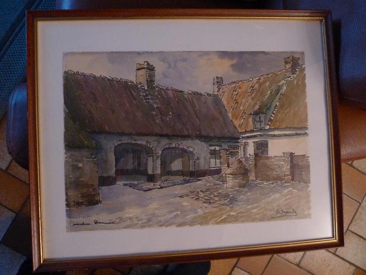 Oude boerderij in Damme Aquarel gesigneerd, Antiek en Kunst, Kunst | Schilderijen | Klassiek, Ophalen of Verzenden