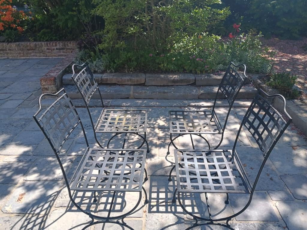 set van 4 klassieke smeedijzeren tuinstoel + kussens, Tuin en Terras, Ophalen, Gebruikt, Metaal