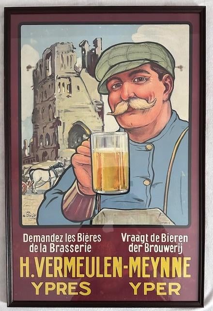 Prachtige oude affiche Brouwerij Vermeulen Ieper, Verzamelen, Ophalen, Zo goed als nieuw, Reclamebord, Plaat of Schild