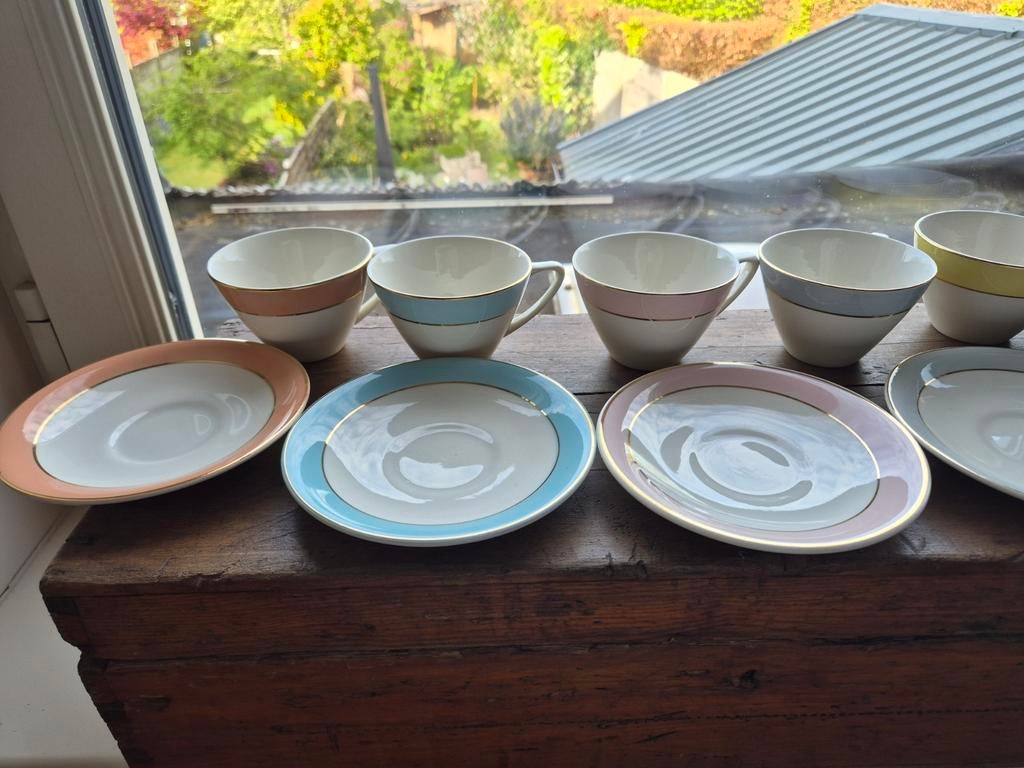6 Boch pastel decor Luna, vorm Miami koffietassen, Ophalen of Verzenden
