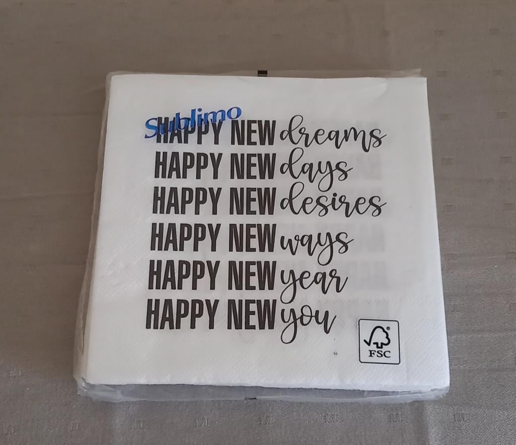 Papieren servetten 20 stuks 33/33 cm "Happy new year"., Maison & Meubles, Cuisine | Linge de cuisine, Enlèvement, Comme neuf, Blanc