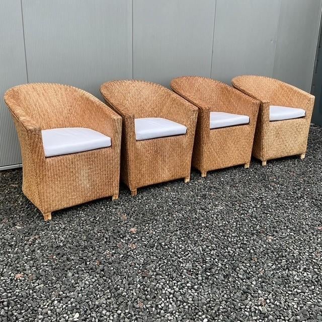 4 Rieten zetels met kussen, Tuin en Terras, Ophalen, Gebruikt, Rotan