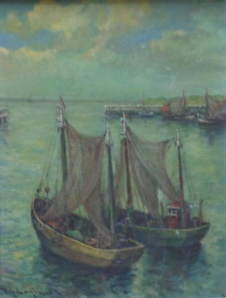 ACHIEL LOMBAERT / VISSERS OOSTENDE / OLIEVERF 48x40cm KADER, Ophalen of Verzenden