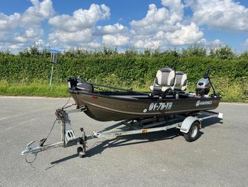 Aluminium visboot 4,80m kanteltrailer, 20PK & elektromotors, Comme neuf, Enlèvement, Moteur hors-bord, Essence