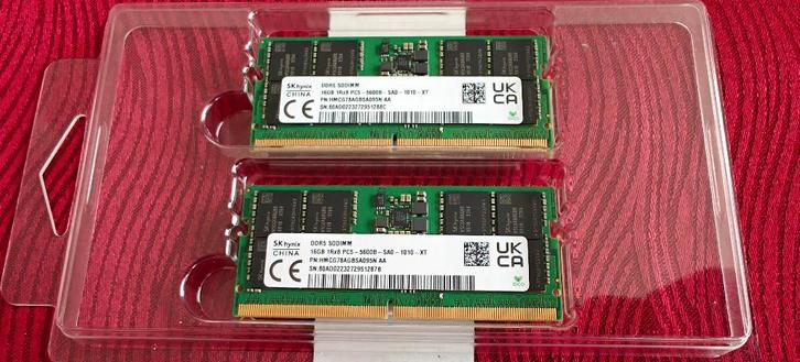 32GB (2x 16GB) DDR5 SODIMM 5600Mhz SK Hynix laptop geheugen, Informatique & Logiciels, Mémoire RAM, Comme neuf, Laptop, 32 GB