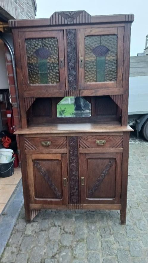 Retro kast van de +/-1940 - Eik + glasramen., Huis en Inrichting, Kasten | Dressoirs, Gebruikt, 100 tot 150 cm, 25 tot 50 cm, Met lade(s)