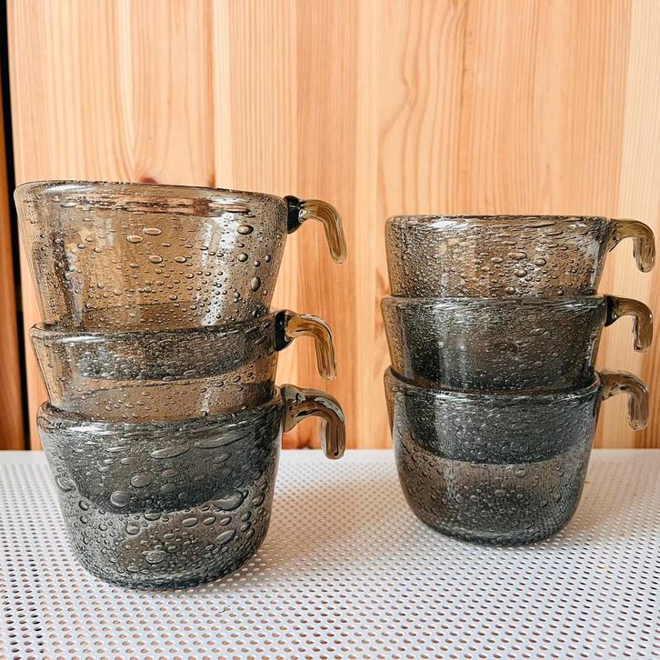 6 vintage mondgeblazen kopjes Verreries Biot - bubbelglas, Antiek en Kunst, Antiek | Glaswerk en Kristal, Ophalen of Verzenden