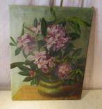 Mooi Geschilderd Werk 'Lila Bloemen in Pot' - 47x37, Antiek en Kunst, Ophalen of Verzenden