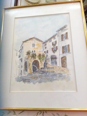 Aquarel van JR Florenti, de fontein van Saint Paul de Vence beschikbaar voor biedingen
