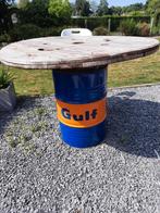 Gulf olievat statafel met houten blad uit kabelhaspel, Ophalen, Gebruikt