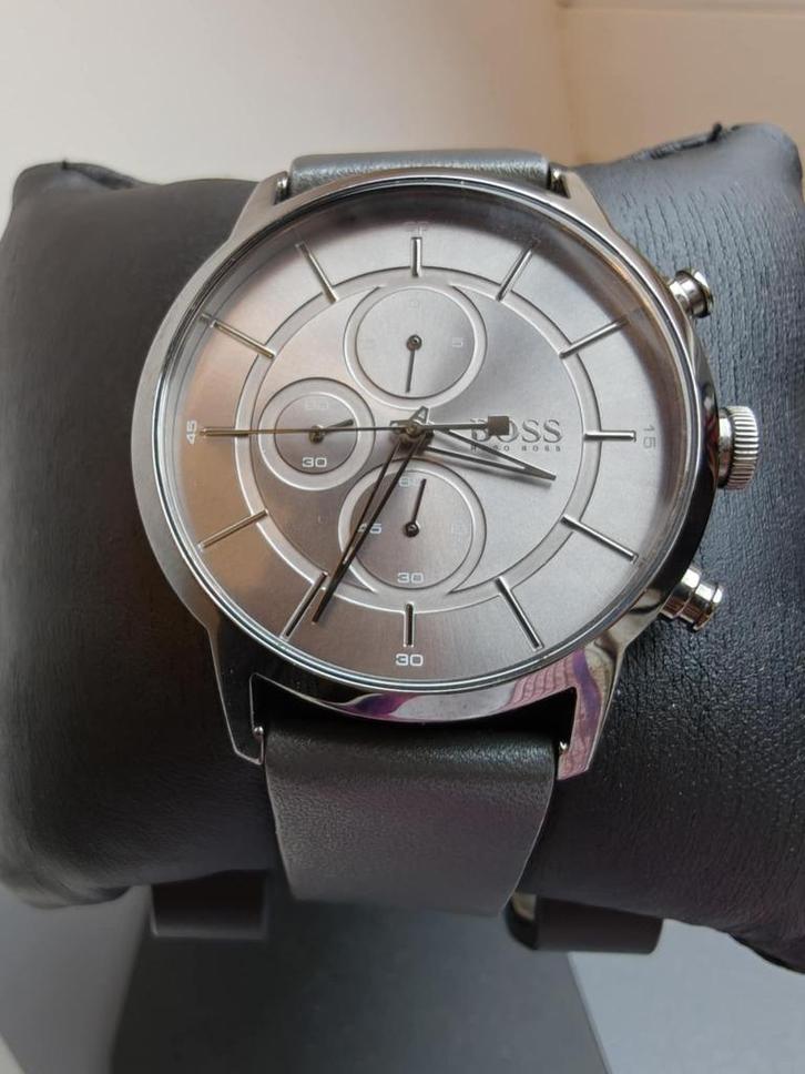 Hugo Boss horloge 44mm staal/lederen band - met doos & werkt, Handtassen en Accessoires, Horloges | Heren, Zo goed als nieuw, Overige merken