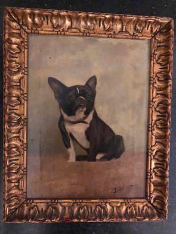 Oud schilderijtje van een hondje in olieverf 