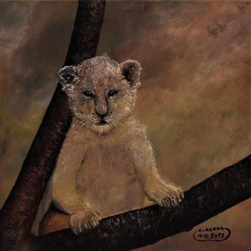 Lion painting of baby lion, by joky kamo, Antiquités & Art, Art | Peinture | Moderne, Enlèvement