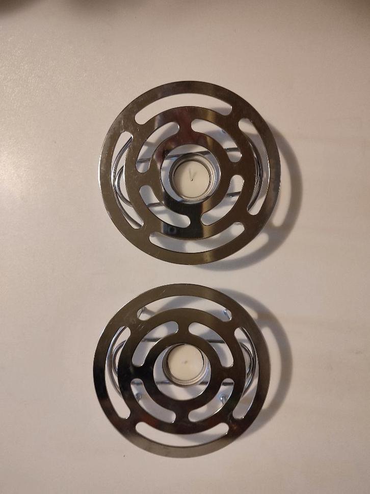 Set van 2 verchroomde schotelwarmers/rechauds, met kaarsjes, Huis en Inrichting, Keuken | Potten en Pannen, Zo goed als nieuw