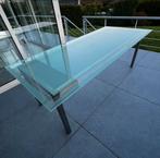 Gezandstraalde glazen eetkamer/woonkamertafel, Huis en Inrichting, Gebruikt, 100 tot 150 cm, 50 tot 75 cm, 200 cm of meer