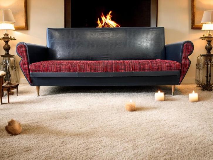 vintage zwartrode zetel / driezit / canape / slaapbank, Antiek en Kunst, Curiosa en Brocante, Ophalen of Verzenden