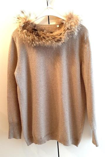 Te koop: Mooie beige pull met glitter en pelsen kraag. disponible aux enchères