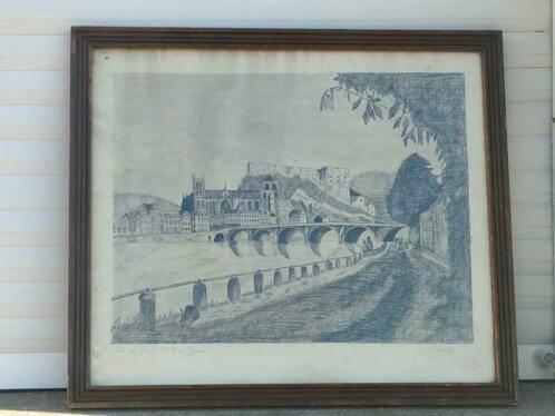 Lithographie vue de huy signe, Antiquités & Art, Art | Lithographies & Sérigraphies, Enlèvement ou Envoi