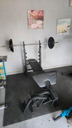 Benchpress met barbell en gewichten, Sport en Fitness, Ophalen, Gebruikt, Borst, Fitnessbank