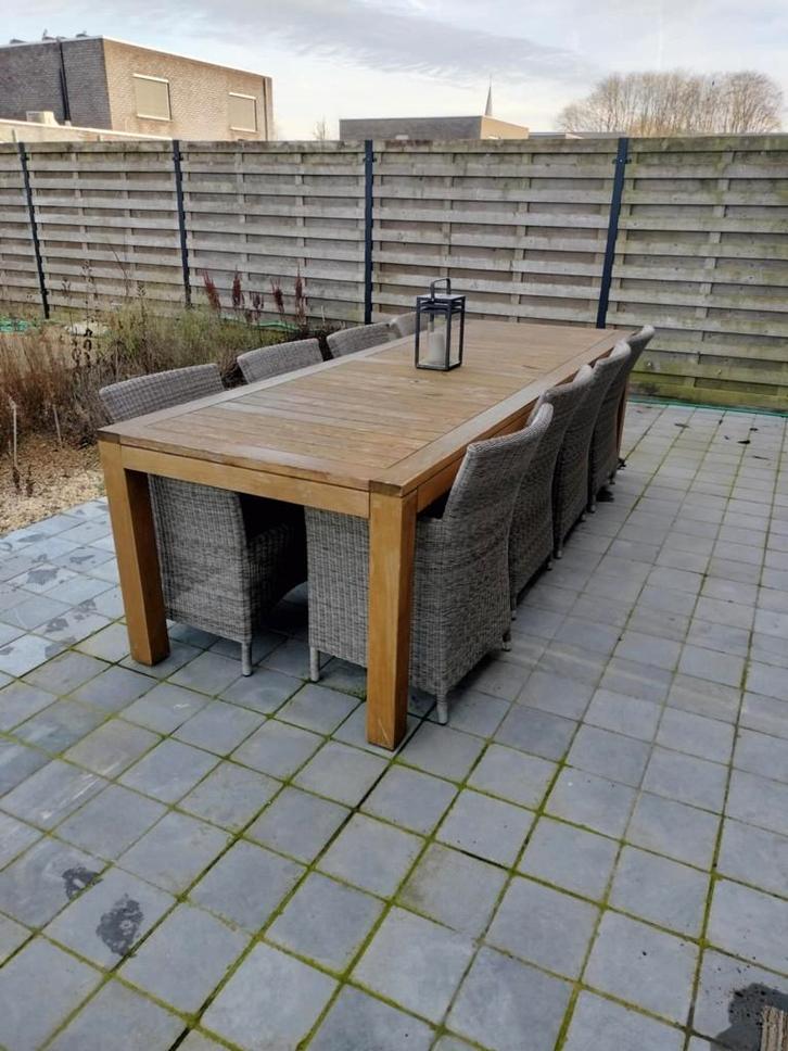 Tuintafel (teak) + 8 stoelen, Tuin en Terras, Tuintafels, Zo goed als nieuw, Rechthoekig, Hout, Ophalen
