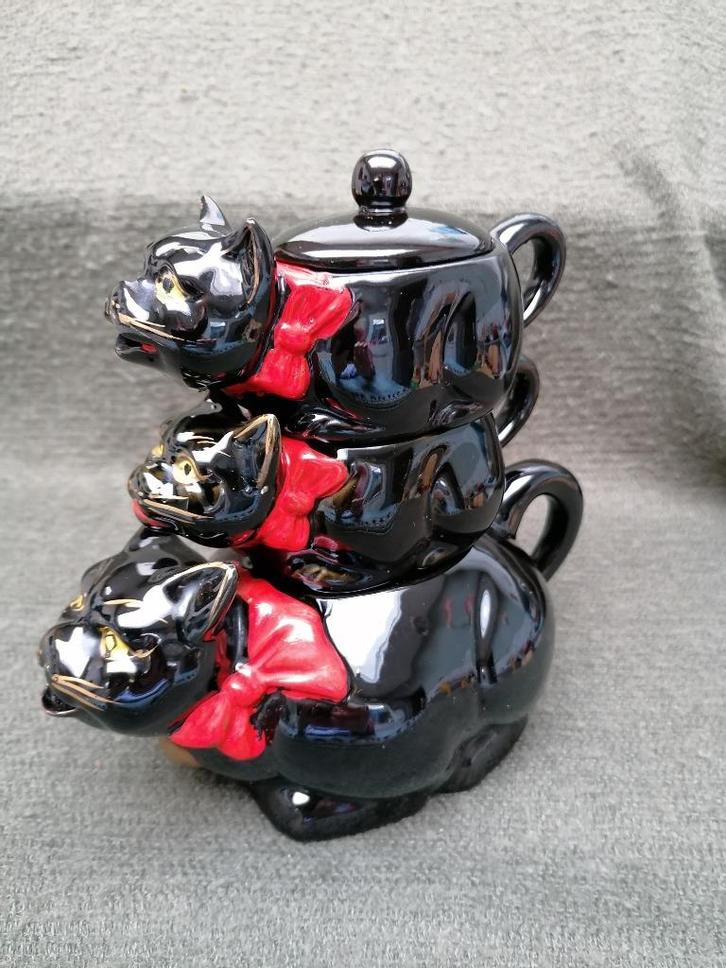 Antieke Japanse theeset. Zwarte kat 3 delen ca. 1900 TOP, Antiek en Kunst, Curiosa en Brocante, Ophalen of Verzenden