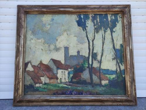 huile sur toile village signe marcel pire, Antiek en Kunst, Kunst | Schilderijen | Klassiek, Ophalen of Verzenden