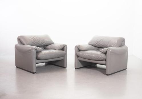 Italiaanse Set Leren Maralunga Lounge fauteuils voor Cassina, Huis en Inrichting, Fauteuils, Gebruikt, Leer, 75 tot 100 cm, 75 tot 100 cm