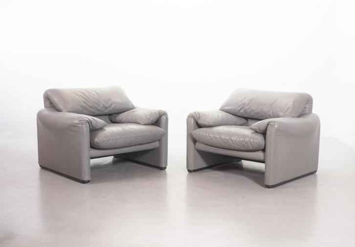 Italiaanse Set Leren Maralunga Lounge fauteuils voor Cassina, Huis en Inrichting, Fauteuils, Gebruikt, Leer, 75 tot 100 cm, 75 tot 100 cm