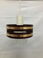 Vintage hanglamp met ijzeren ring en glazen binnen kap, Ophalen of Verzenden, Gebruikt
